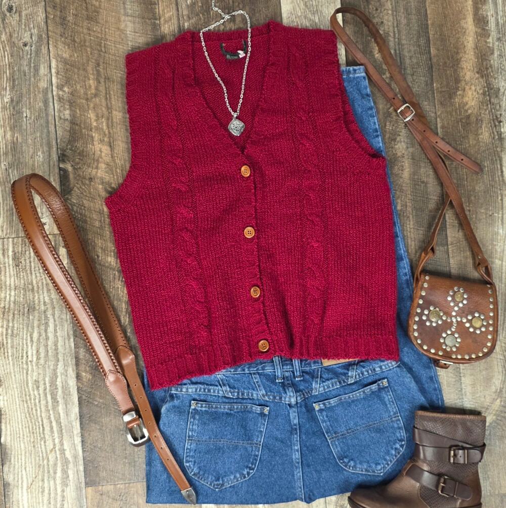 Vintage Red Cable Knit Button Sweater Vest XL 42 Grandpa Cottagecore Cabin